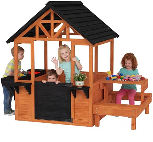 AIYAPLAY Spielhaus Outdoor Kinderspielhaus aus Holz, 3-8 Jahre, Hellbraun