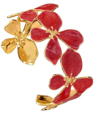 FOSLXIN Bracelet Fleurs Femme Dorées, Bracelets à Manchette Bracelet Ouvert en Or, Acier Inoxydable Parure Bijoux Ensemble Fleurs Glamour, Ors Parure de Fleurs pour Femmes Filles (rouge)