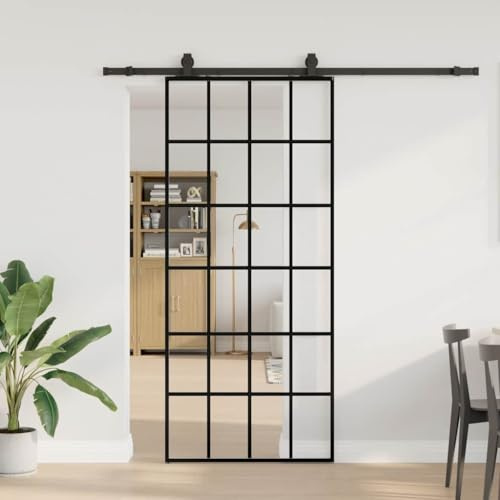 Ordellia Kit de quincaillerie pour porte coulissante noire 90x205 cm verre ESG robuste avec rails en acier pour intérieur extérieur sécurité, isolation phonique et thermique
