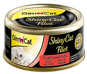 GimCat ShinyCat Filet tonfisk med lax - Kattfoder med saftiga filéer utan tillsatt socker, för vuxna katter - 24 burkar (24 x 70 g)