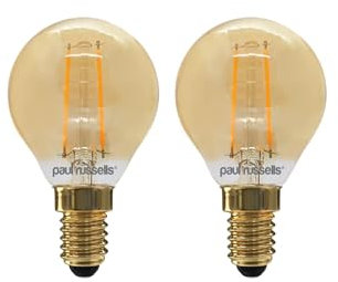 paul russells LED Filament Golf Ball Light Small Edison Screw E14, 20W Equivalent G45 Bulbs, 2.5W 200LM LED 2200K Amber Lamps, Home Ceiling Chandelier Energy Saving Lightbulbs, Pack of 2