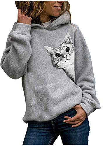 Onsoyours Damen Hoodie Kapuzenpullover Sweatshirt Langarmshirt Rundhals Lustiges Katzen Motive Drucken Hoodie Katzenpulli Casual Pulli mit Kordel und Taschen Herbst Winter