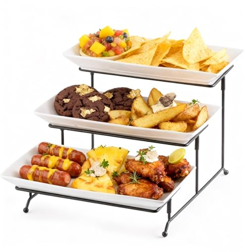Gomakren 3 Tier Serving Trays Stand Porcelain Serving Platters 12 Inch White Serving Plates Dinner Platters for Appetizer Snack Fruit Cup Cake Tray Display Mothers Day Serving Dishes for Entertaining