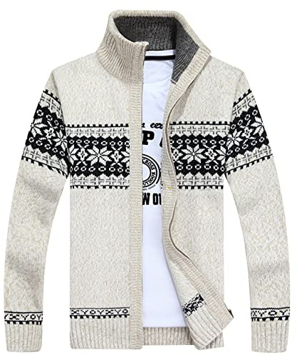 Lu's Chic Men's Cardigan Sweaters Winter Norwegian Casual Slim Fit Zip Up Fashion Sweater Jacket, White, XL