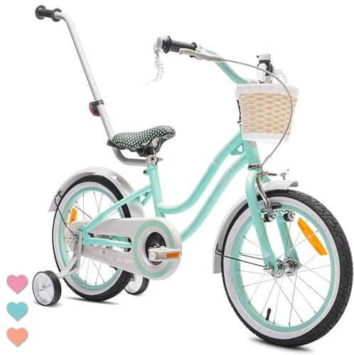 sun baby HEART BIKE Barncykel 16 tum, Cykel för barn 2-6 år, Cykel med stödhjul, pushbar, justerbar sadel och styre (Mint)