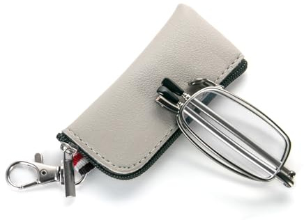 MMOWW Faltbare Lesebrille für Damen und Herren mit Teleskopstange mit Reißverschluss Schlüsselanhänger Mini Blaulichtfilter Brillen (Grau, +1,5)