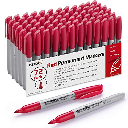 Ezzgol Permanent Markers Bulk, 72 Pack Red Permanent Marker Set, Fine Tip, Waterproof Markers, Premium Smear Proof Pens, Waterproof, Quick Drying, Office Supplies for School, Office, Home