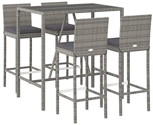 vidaXL Gartenbar Set 5-TLG., Gartenmöbel Bartisch 4 Barstühle, Stehtisch Barhocker für Garten Terrasse, Sitzgruppe Gartenset mit Kissen, Grau Poly Rattan