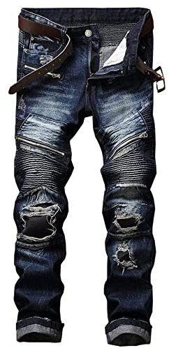 RXXKKK Men's Classic Zipper Biker Regular Fit Flex Jean (34, 0003 Blue Black)