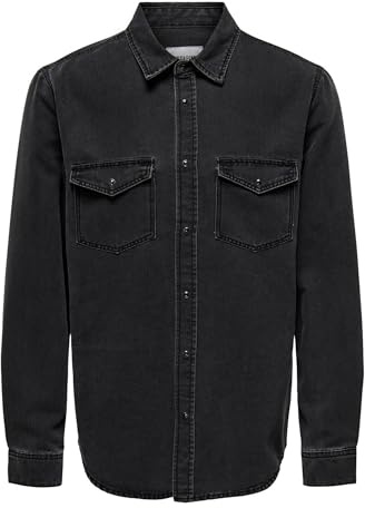 Only & Sons Camicia in Jeans da Uomo ONSBANE, Denim Grigio Scuro, XXL