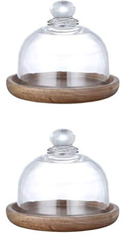 PAREKS Lot de 2 mini boîtes à cupcakes en verre avec cloche en verre basse en bois, cloche ronde pour gâteau, couvercle d'assiette alimentaire, support de présentation de dessert, support de gâteau