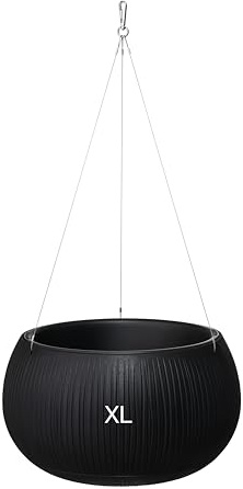 MELTOM Blumenampel Hängeampel Rund Ø 37 cm Beton-Optik Schwarz, Innentopf | Kunststoff, Fassungsvermögen 9 L, Höhe 22 cm, Stahlseil mit Karabiner, ohne Abflussloch, für innen & außen, wetterfest