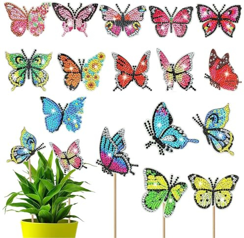 Lymshine 16 Stück Diamond Painting Schmetterling Gartenstecker - Diamant Frühling Schmetterling Deko Garten, Art für Garten Dekor