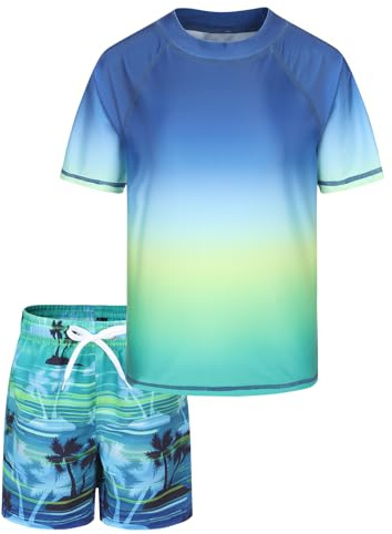 Boys Rash Vest Kids Two Piece Swimming Costume with Board Shorts Short Sleeve Swimsuit Boys Swim Top Age 13-14 Years