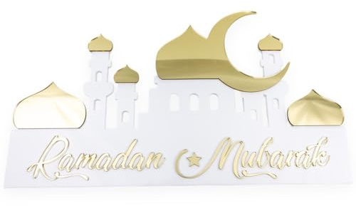 Centre de Table Eid Mubarak. Déco Ramadan. Décoration de Table Ramadan Mubarak. Mosquée Verre Acrylique 4mm Or, Agent, Blanc, Noir, Bois. Ramadan décoration Table.
