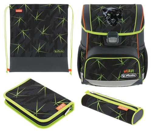Herlitz Schulranzen Set 4-teilig Loop Wild Life Schwarz 17 L Ergonomischer Tornister mit geringem Gewicht 1. Klasse Junge Mädchen Kinder, Panther