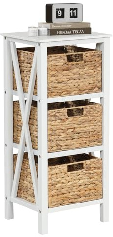 COSTWAY Bedside Table with 2/3 Seagrass Baskets, Solid Wood Narrow Nightstand Sofa Side Table, X-Shaped Acacia Wood Legs Bedside Cabinet Accent End Table for Living Room Bedroom (1PC-3 Tiers, White)