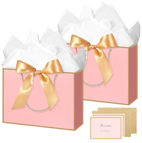 2 Piezas Elegantes Bolsas de Regalo de Papel Set, 28 x 10 x 20cm Bolso del Favor de Fiesta con Asas y Cinta, Exquisito Bolsas de Regalo para Cumpleaños Boda Celebracion (Rosa) (Rosa)