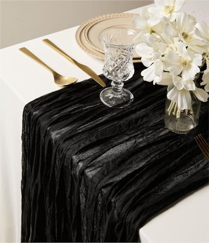 Vitalizart Schwarz Tabelle Läufer, 88,9 x 305 cm Gaze Tischdecke Boho Rustic Dekorationen für Urlaub Party Hochzeit Dekor Empfang Braut Dusche