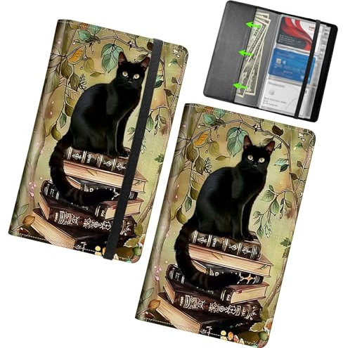 RWUTYTIUL Business Card Organizer, 240 Cards Business Cards Holder Book, PU Leather Credit Card Binder Professional Business Name Card Holder with Elastic Closure for Women Men, Book Cat