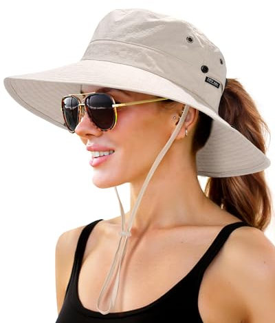 FURTALK Sonnenhut für Damen UPF 50+ Faltbare breite Krempe UV-Schutz Verstellbarer Kinnriemen Pferdeschwanz Loch Sommer Eimer Hut