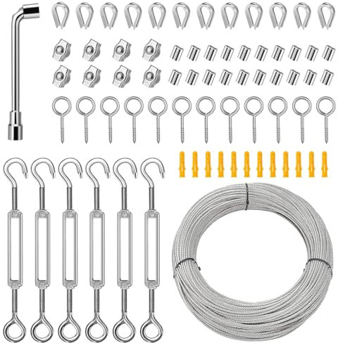 20m Stahlseil Kit, 304 Edelstahl Drahtseil Spanndraht, Stahlseil mit ösen, Seilspanner Spannschloss Drahtseilklemme, für Gardinenseil, Wäscheleine, Kletterpflanzen, String Light Suspension