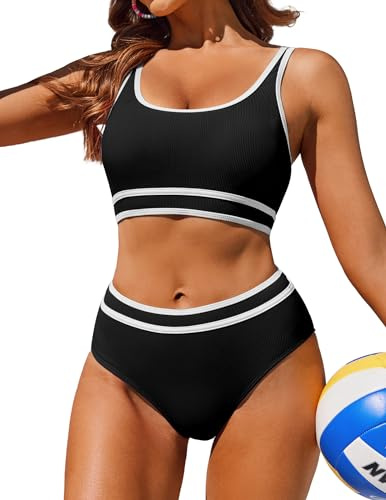 AI'MAGE Bikini Set for Women High Waisted Swimwear Two Pieces Sport Bikini Padded Ribbed Swimsuits, Black M