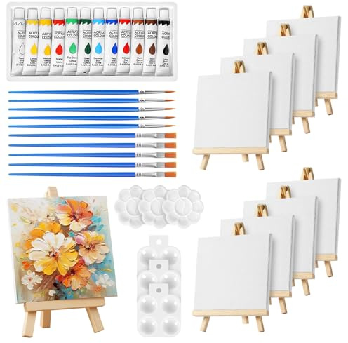 Obidodi Mini Canvas and Easel Set, 44 Pcs Painting Set Includes 4x4 Inches Canvas, Wooden Mini Easel, Acrylic Paint, Brushes and Palette for Kids, Sip and Paint Party for Adults Kids
