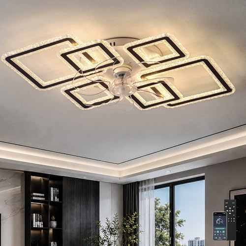Grand Ventilateur Plafond Avec Lumiere Cadre Carré Moderne Smart Luminaire Ventilateur Plafonnier Avec Télécommande APP Dimmable Mémoire Cristaux Lustre Chambre Ventilateur 6 Vitesses Réversible Salon