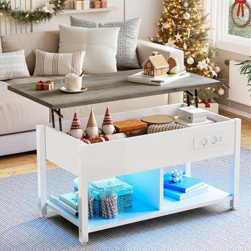 YITAHOME Mesa de Centro con Placa elevable, fácil de Levantar, Espacio de Almacenamiento de 2 Niveles, Mesa de Centro Ajustable en Altura con Compartimento de Almacenamiento Oculto e iluminación LED