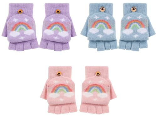 Jupsk 3 Pairs Kids Gloves Winter Knit Fingerless Gloves Convertible Magic Mittens Rainbow Stretch Warm Mittens for Children Toddler Girls 4-12 Years Old