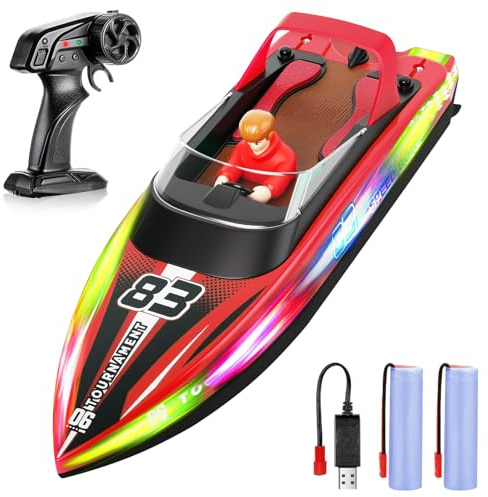 HOTUT Barca Telecomandata per Bambini, Impermeabile Barca da Corsa RC ad Alta Velocità da 2,4 GHz con Luce LED, Telecomando Barca Ricaricabile con Fantoccio, Motoscafo Giocattolo per Adulti e Bambini