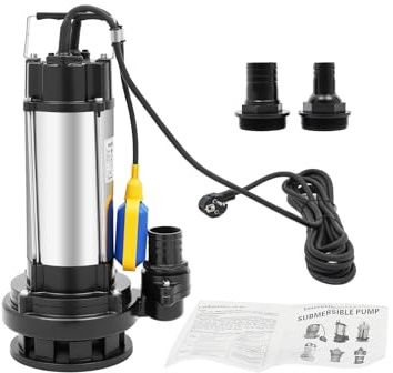 1500W Edelstahl Schumutzwasser mit 2PS Schwimmer, 36000L/H Tauchpumpe Schmutzwasserpumpe Schmutzwasser Abwasserpumpe Edelstahl Schmutzwasserpumpe für die Wasserentnahme