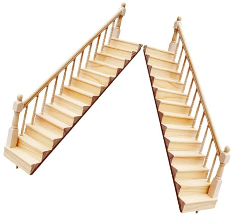 Chenxi Studio Lot de 2 escaliers miniatures naturels avec balustrades traditionnelles à l'échelle 1/12 - Meubles en bois - Assemblage créatif - Décoration d'intérieur miniature