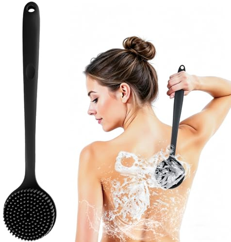Mulbijeo Cepillo Espalda Ducha con Mango Largo, Exfoliador Corporal de Silicona, Silicone Scrubber, Limpiador y Masajeador Dorsal, Cepillo Ducha Espalda para Piel Sensible, Mujer y Hombre, Negro