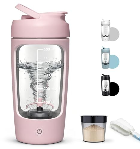 Elektrischer Shaker, 650ML Eiweiß Shaker Elektrisch mit Pulverfach, Tritan | Shaker Proteinshake für Eiweißpulver und Whey, USB-C Aufladbarer, Tragbarer, Auslaufsicher, BPA-frei, Rosa
