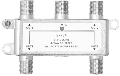 sourcing map 4 Way Coaxial Cable Splitter, 5-2400 MHz F Type Connector Coaxial Splitter Low Loss Signal Distributor for TV Satellite Antenna Modem Home Theater HDTV CATV, Silver Tone