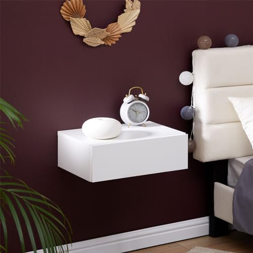 CARO-Möbel Hängender Nachttisch Anne mit Schublade in Weiß - griffloses öffnen & platzsparend durch Wandmontage, robuste Spanplatte