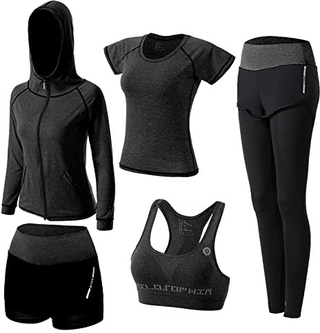 ZETIY Träningsoverall för damer, yogadräkt i 5 delar, sportdräkt, joggingdräkt, för gym och fitness, kläder, löpkläder, för sport och yoga, damoutfit, behå och leggings i set, svart, XL