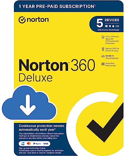 Norton 360 Deluxe 2025, Antivirus software for 5 Devices and 1-year subscription with automatic renewal, Includes Secure VPN and Password Manager, PC/Mac/iOS/Android, Activation Code by email