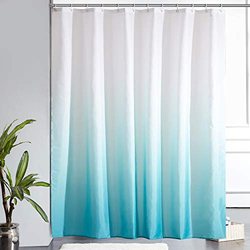 Furlinic Duschdraperi badrumsgardin anti-mögel textil för badkar badrumsgardin av tyg antibakteriellt tvättbart med 12 duschringar extra stor vit efter akvamarin 200 x 200 cm.