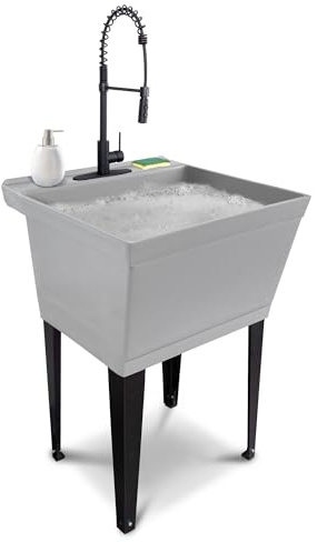 Utility Sink Extra-Deep Laundry Tub in Grey with High-Arc Coil Pull-Down Sprayer Faucet in Matte Black, Integrated Supply Lines, P-Trap Kit, Heavy Duty Floor Mounted Freestanding Wash Station