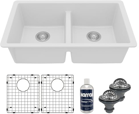 Karran QU-810 32 Undermount Double Bowl Quartz Kitchen Sink Kit, White Composite, Equal Bowls, Scratch Resistant, Heat Safe, Noise Reducing, Includes Grids & Strainers