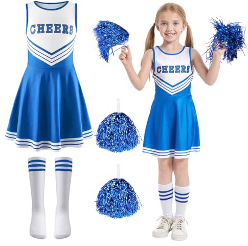 Aurasky Cheerleader Kostüm Kinder,Cheerleadering Outfit Mädchen, Cheerleader Kleid Mädchen mit Pompoms Socken, Cheer Uniformen für Karneval Fasching Halloween MottoParty