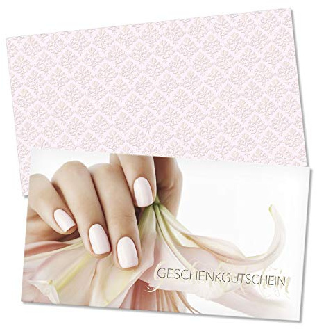 GESCHENKGUTSCHEINcom by POS-HAUER. Gutschein-Set. 25x Gutschein + Kuvert. Für Fingernagelstudios, blanko zum selber ausfüllen.