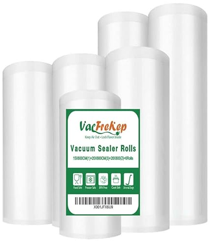 VacFreKep 6 Rolls 15/20/28cmx6m LFGB Free Vacuum Sealer Freezer Rolls | 15(1)+20(3)+28(2)x600cm BPA Free Food Grade,Customized Size,Long Term Preservation Vacuum Rolls,Great for All Vacuum Sealer