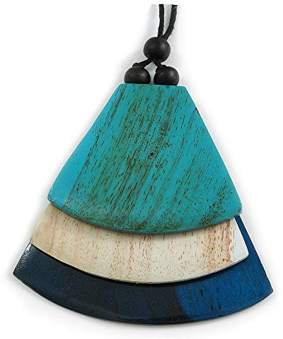Avalaya Blue/Turquoise/Melange White Geometric Triangular Wood Pendant with Long Black Cotton Cord Necklace/9cm L Pendant/ 100cm L