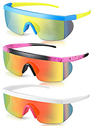Fabbay 3 Pair Neon Retro Mirrored Sunglasses 80s 90s Semi Rimless Colored Lens Sunglasses for Sport Men Women (Bright Colors)