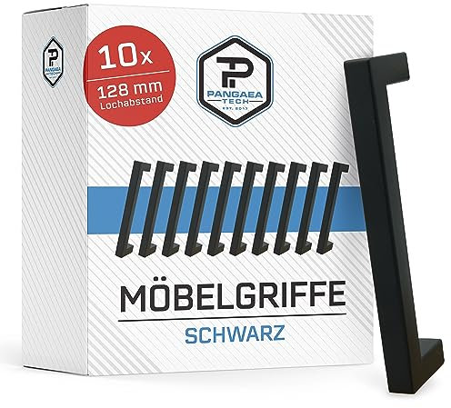 Pangaea Tech 10x Schrankgriffe Schwarz - Lochabstand 128mm - elegante Küchengriffe Schwarz aus Edelstahl im Landhaus-Stil - Griffe Möbel, Möbelgriffe schwarz, Griffe schwarz