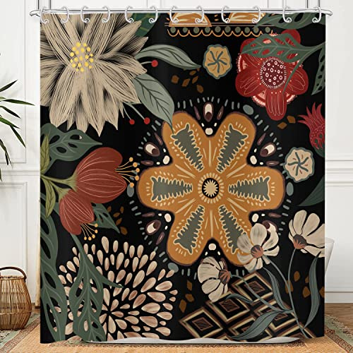 Hnmdmyi Duschvorhang Schwarz Boho Blumen 180x180, Vintage Abstrakt Bohème Blume Botanisch Badewanne Vorhang Mid Century Modern Ästhetisch Retro Wasserdicht Polyester Stoff Waschbar Badevorhang